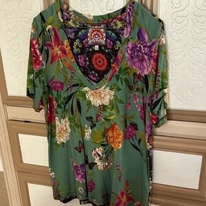 Johnny Was Green Floral V-Neck Blouse